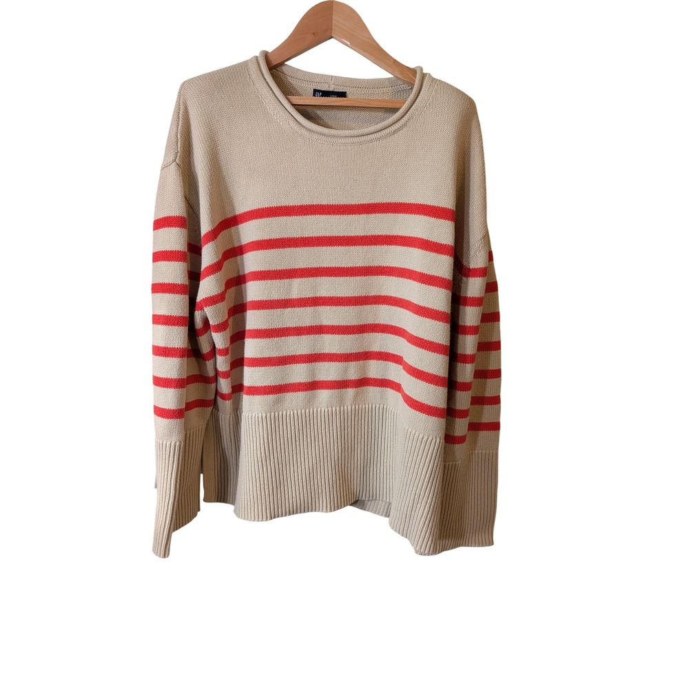 Gap Womens Large Beige Red Striped Cotton Knit Crew Neck Sweater Side Slit 0264
